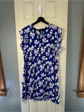 Royal Blue & White Floral V-Neck Midi Dress
